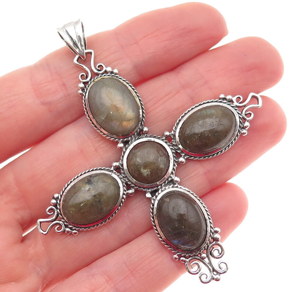 M.R.F. Resources 925 Sterling Silver Vintage Real Labradorite Cross Pendant